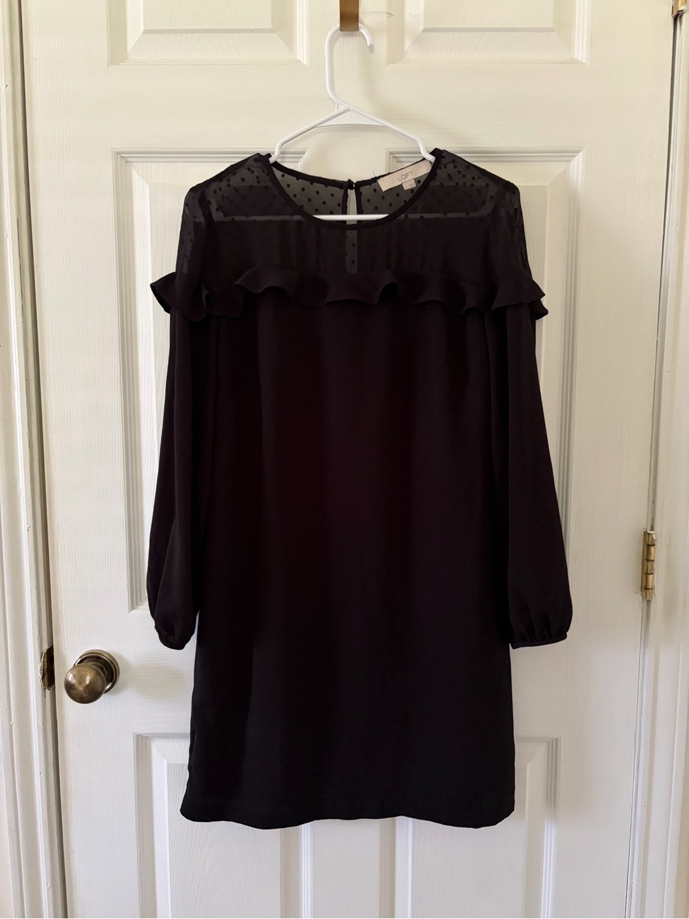 LOFT Black Ruffle Long-Sleeve Shift Dress